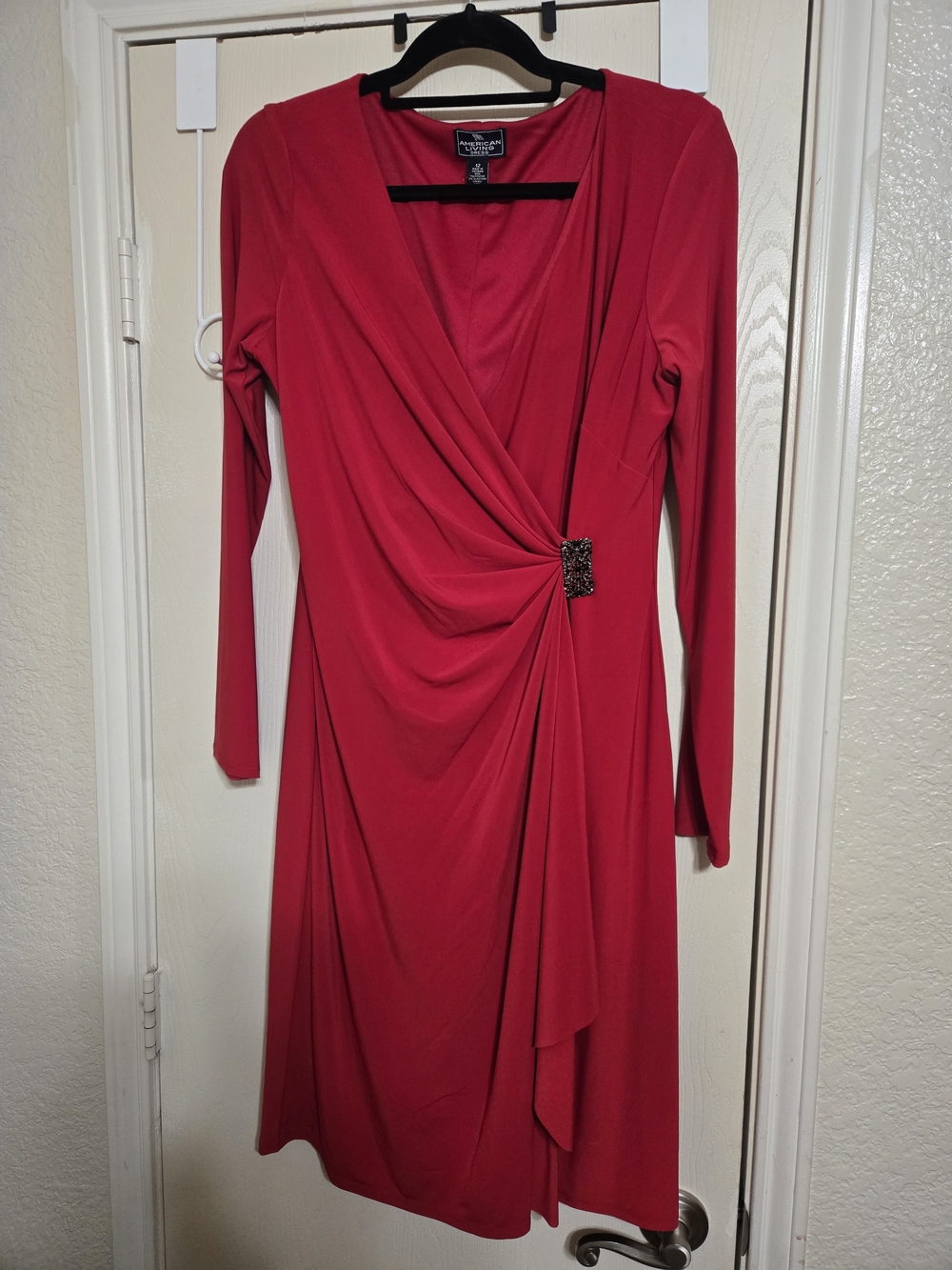 American Living Red Long-Sleeve Draped Wrap Dress with Side Brooch